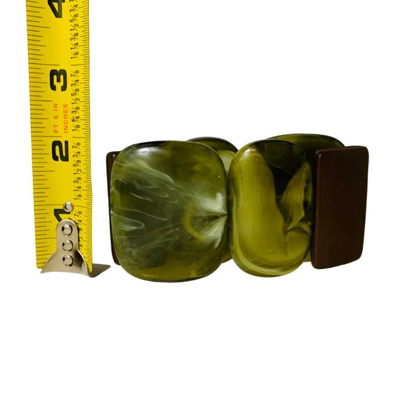 Antique Bakelite Cuff Bracelet Art Deco Swirls Stretch Rectangle Green Rare - Picture 8 of 8